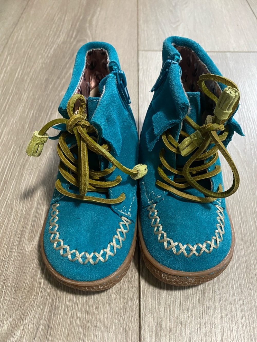 Livie & Luca Teal Suede Moccasins with Olive Laces Blue Leather Boots Girls Sz 8 - Picture 2 of 9